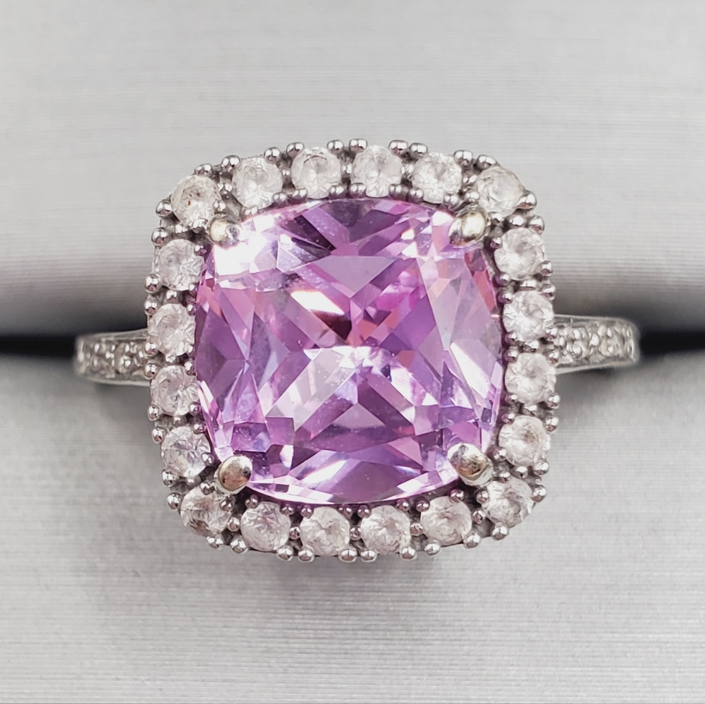 Pink Topaz Cushion Halo Ring in Solid 10k White Gold